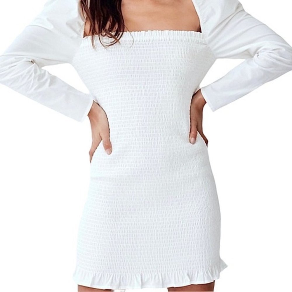 Aritzia Wilfred Smocked Maelys White Ruched Ruffle Dress - Picture 5 of 11